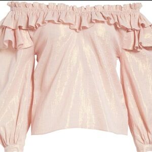 Rebecca Taylor Off the Shoulder Ruffle Pink Top with Metallic thread